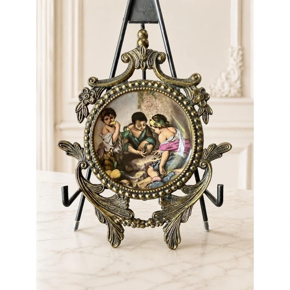 Vintage Western Germany Solid Brass Frame Porcelain Plate Murillo Art Signed